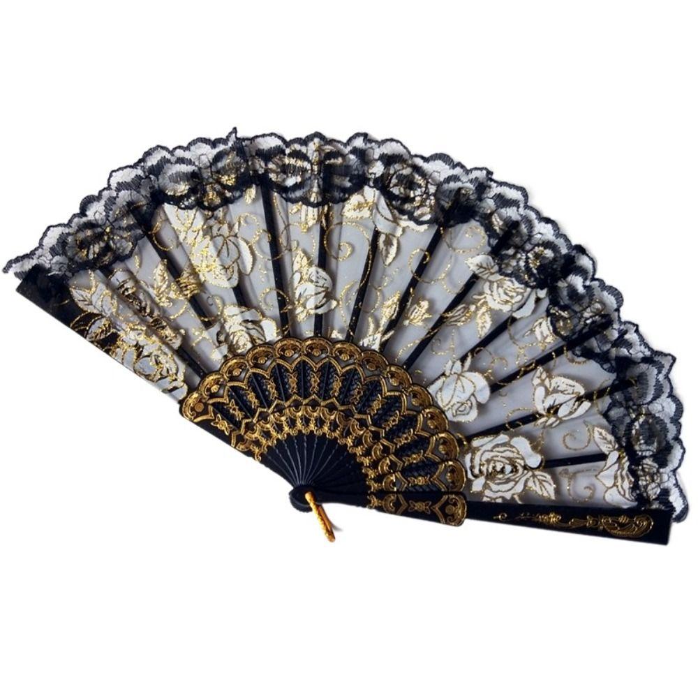 Home Decoration Handheld Ladies Lace Hand Fan Plastic Handle Rose Pattern Folding Fan Translucent Spanish Fan Dance Prop