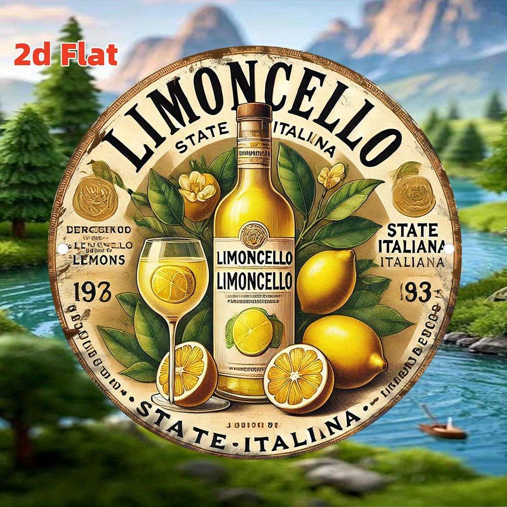Винтажная итальянская жестяная табличка Limoncello HD Ретро-бутылка с цитрусовым ликером Стеклянная графика с лимонами, листьями, цветами Деревенский