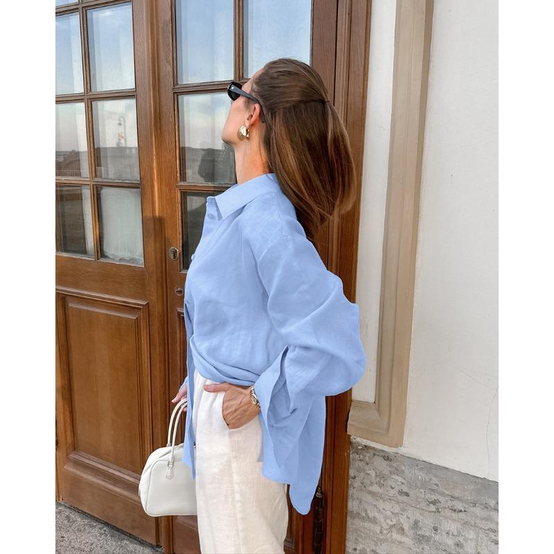 Women S French Style Loose Fit Mid Length Long Sleeve Collared Blue Commute Shirt