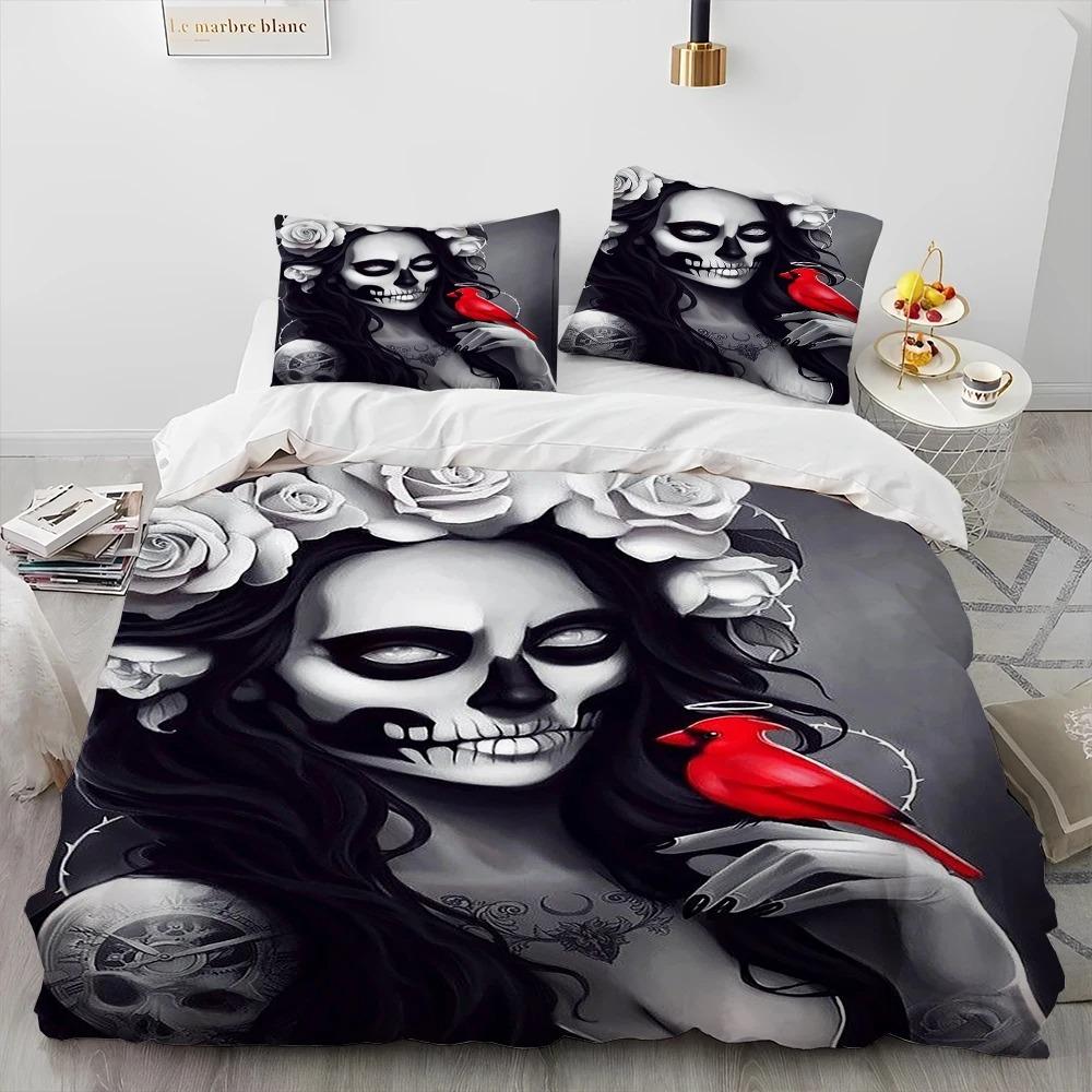 3D Horror Gothic Female Skull Dead Girl Comforter Bedding Set,Duvet Cover Bed Set Quilt Cover Pillowcase,Queen Size Bedding Set