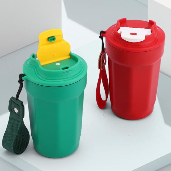 Кофейная чашка из нержавеющей стали с вакуумной изоляцией, гладкий край с веревкой для переноски, изоляционная кружка для офисного стола