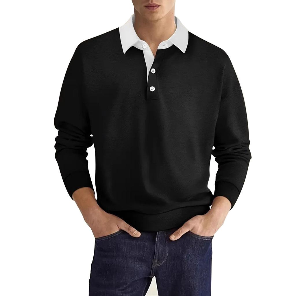 Мужская повседневная деловая рубашка с лацканами, высококачественная, однотонная, с длинными рукавами, PO LO, пуловер