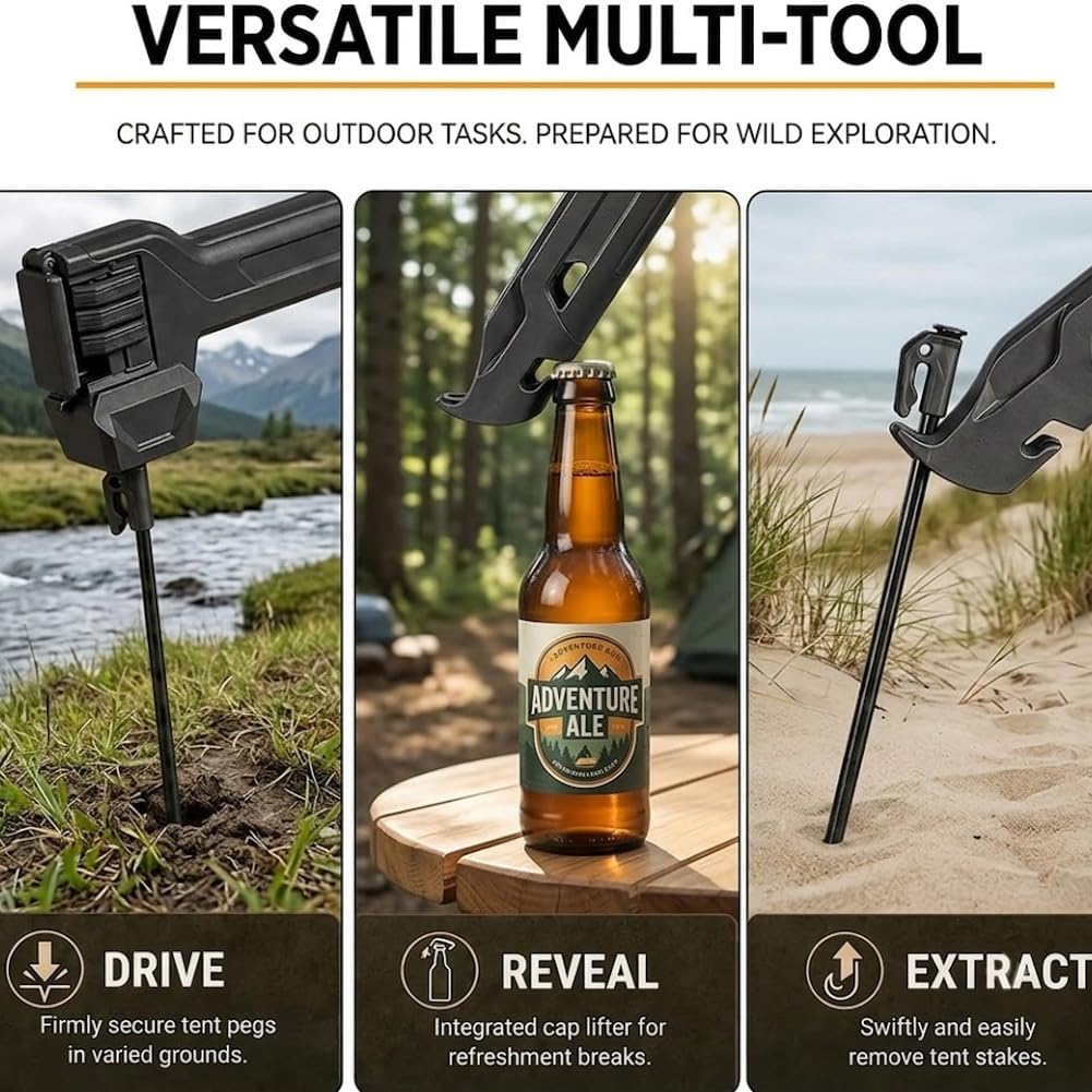 Multifunctional Camping Hammer with Peg Puller 8 Tent Stakes Built-in Storage Handle & Bottle Opener Heavy Duty Lightweight Mallet for Hiking Tarp