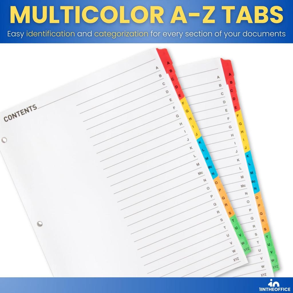 1InTheOffice Alphabet Dividers for 3 Ring Binder, Binder Dividers with Tabs Alphabetical, 2 Pack