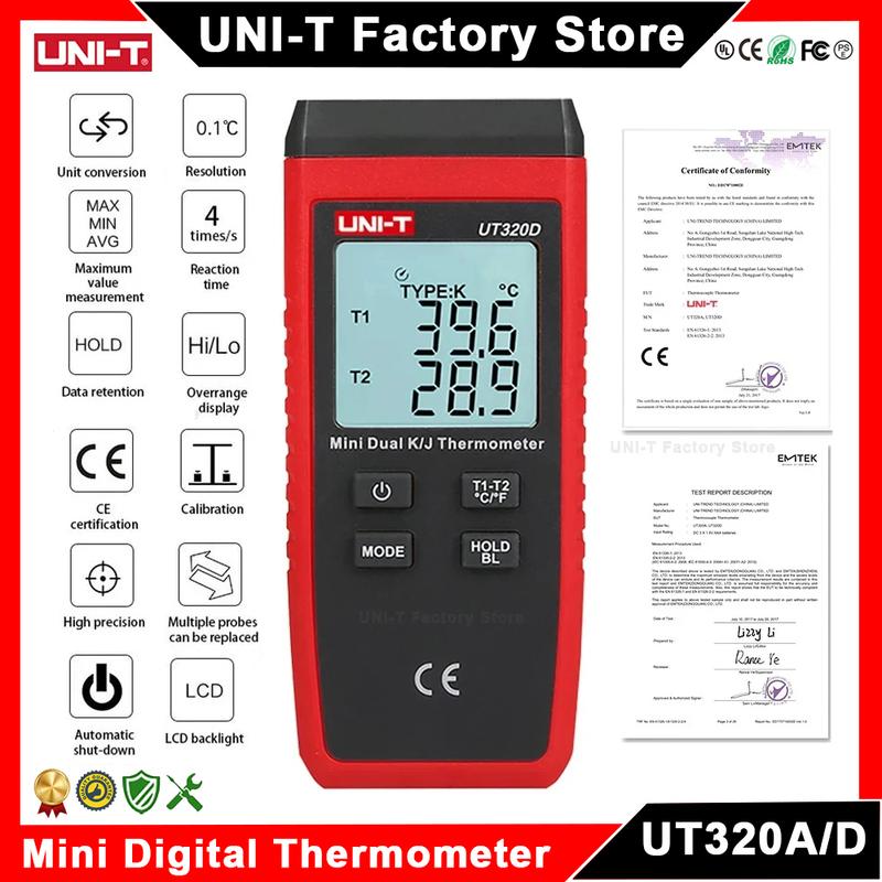 UNI-T UT320A UT320D Digital Thermometer Mini Dual K/J Type Thermocouple Thermometer -50℃ to 1300℃ High Temperature Tester Mete
