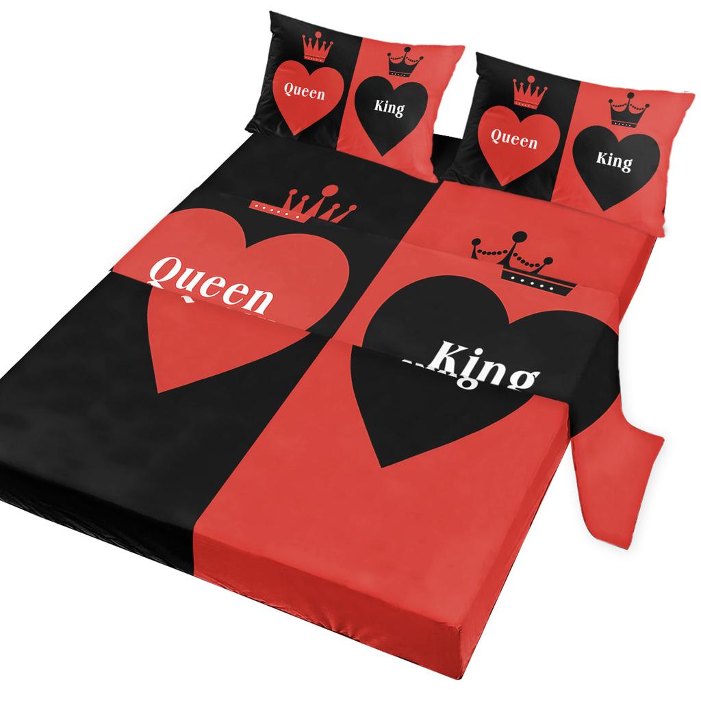 Double Crown Heart 4-Piece Bed Sheet Set, Including 1 Flat Bed Sheet, 1 Extra-Large Bed Sheet, 2 Pillowcases Warm, Couple