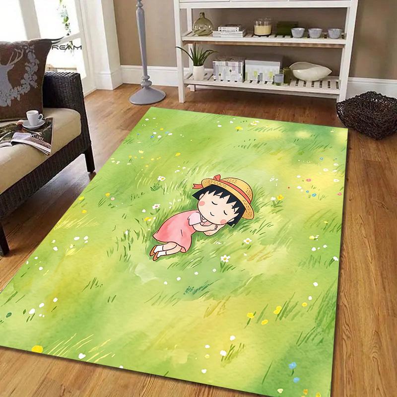 Chibi Maruko‑chan Flannel Pattern Square Carpet,Area Rug,Carpet Rug for Living Room Bedroom Sofa Playroom Decor,Non-slip Floor Mat