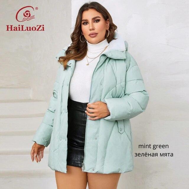 HaiLuoZi 2023 Новая женская зимняя куртка больших размеров с меховым капюшоном, толстая женская верхняя одежда с наклонным карманом, высококачественное женское пальто 1167