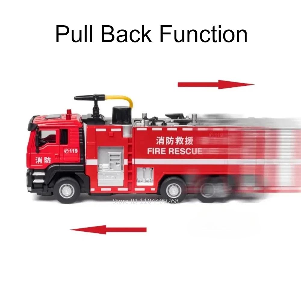 1:Модель пожарной машины 50-го масштаба, игрушка, металлическая литая, с распылением воды, светом и звуком, с механизмом оттяжки, модели строительной техники, подарки для мальчиков
