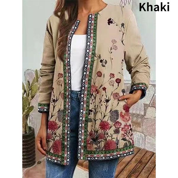 Женская мода, винтажный этнический стиль, цветочный принт, большие размеры, куртки из тесьмы с лентами, кардиган с этническим узором, верхняя одежда
