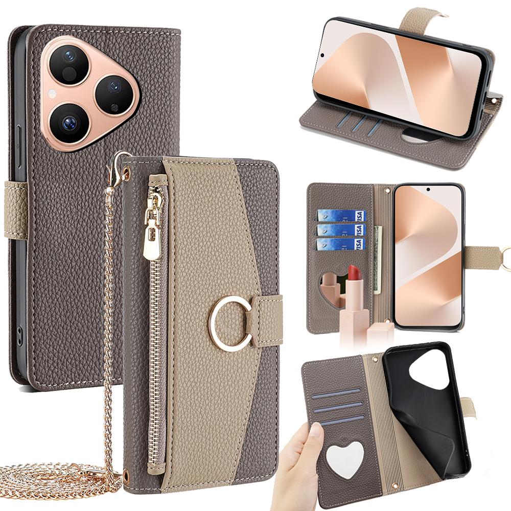 For Huawei Pura 80 Case Mirror Wallet Leather Phone Cover with Chain Shoulder Strap