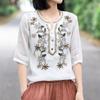 Women's Fashion Embroidery Spliced Solid Color V-Neck Shirt Summer Female Clothing Vintage Loose Casual Half Sleeve Blouse