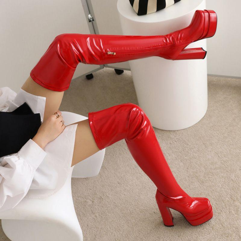 Women's High-heeled Boots, Sexy European and American Style Waterproof Platform Thick Heel Solid Color Large-size Knee Boots