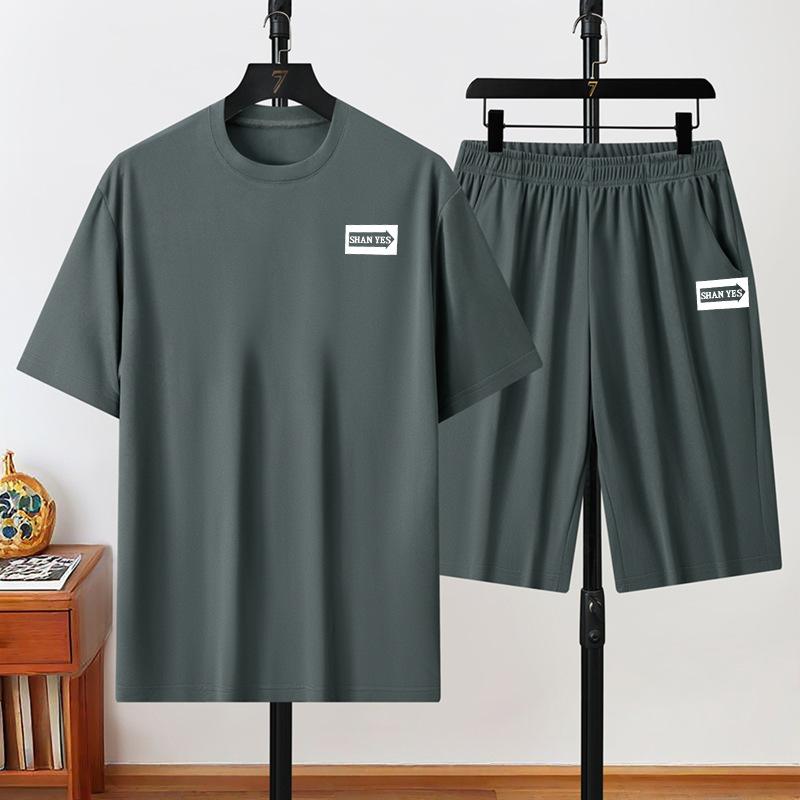 Комплект из двух предметов: шорты с короткими рукавами, летний свободный комплект из двух предметов с круглым вырезом и принтом для мужчин