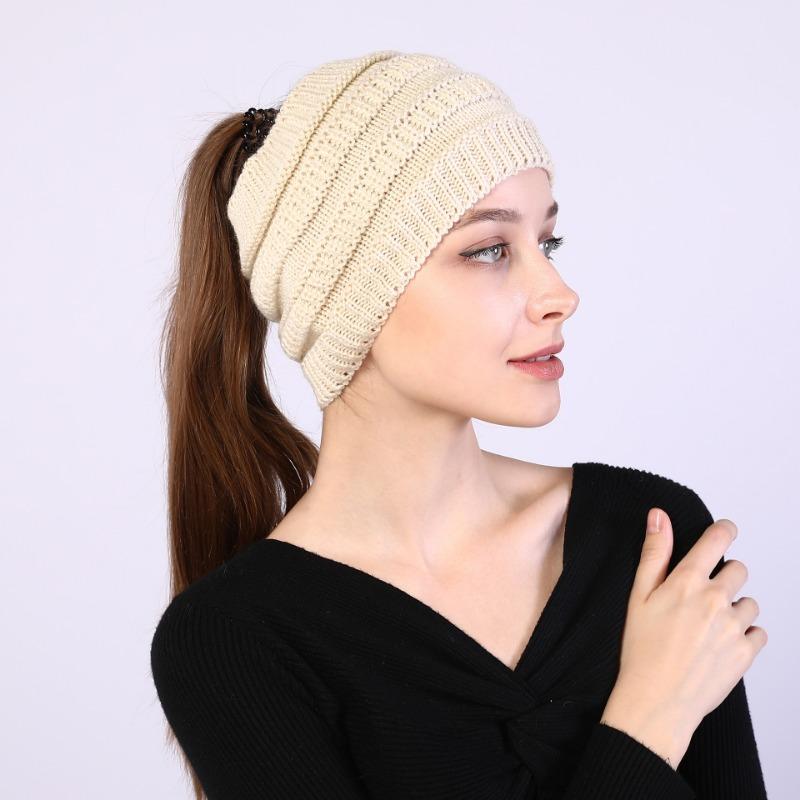 Ladies Knitted Hats Headband Autumn Winter Hats Widened Face Maskvempty Top Ponytail Woolen Hats & Caps