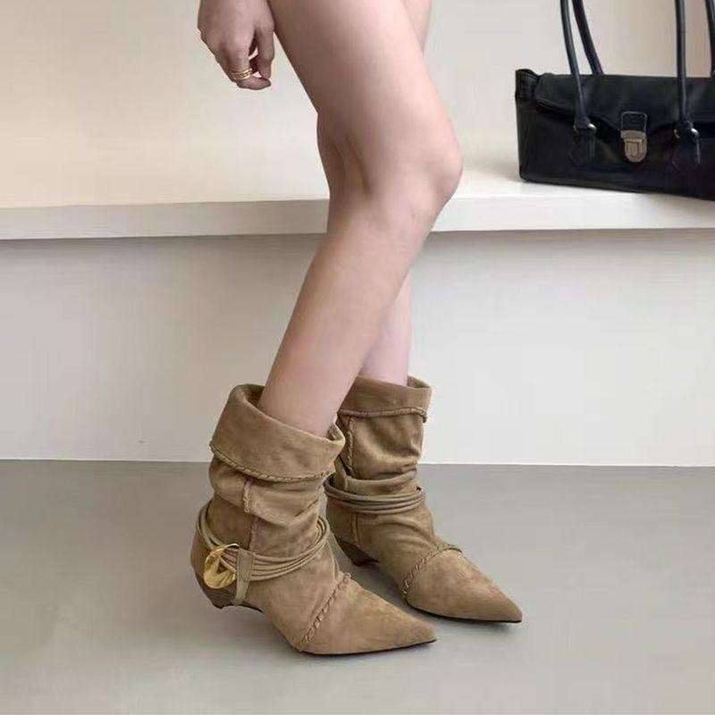 Женские замшевые ботильоны на низком каблуке в стиле ретро 2025: Остроносый, Сборчатый, С завязками, Многосторонний Модный