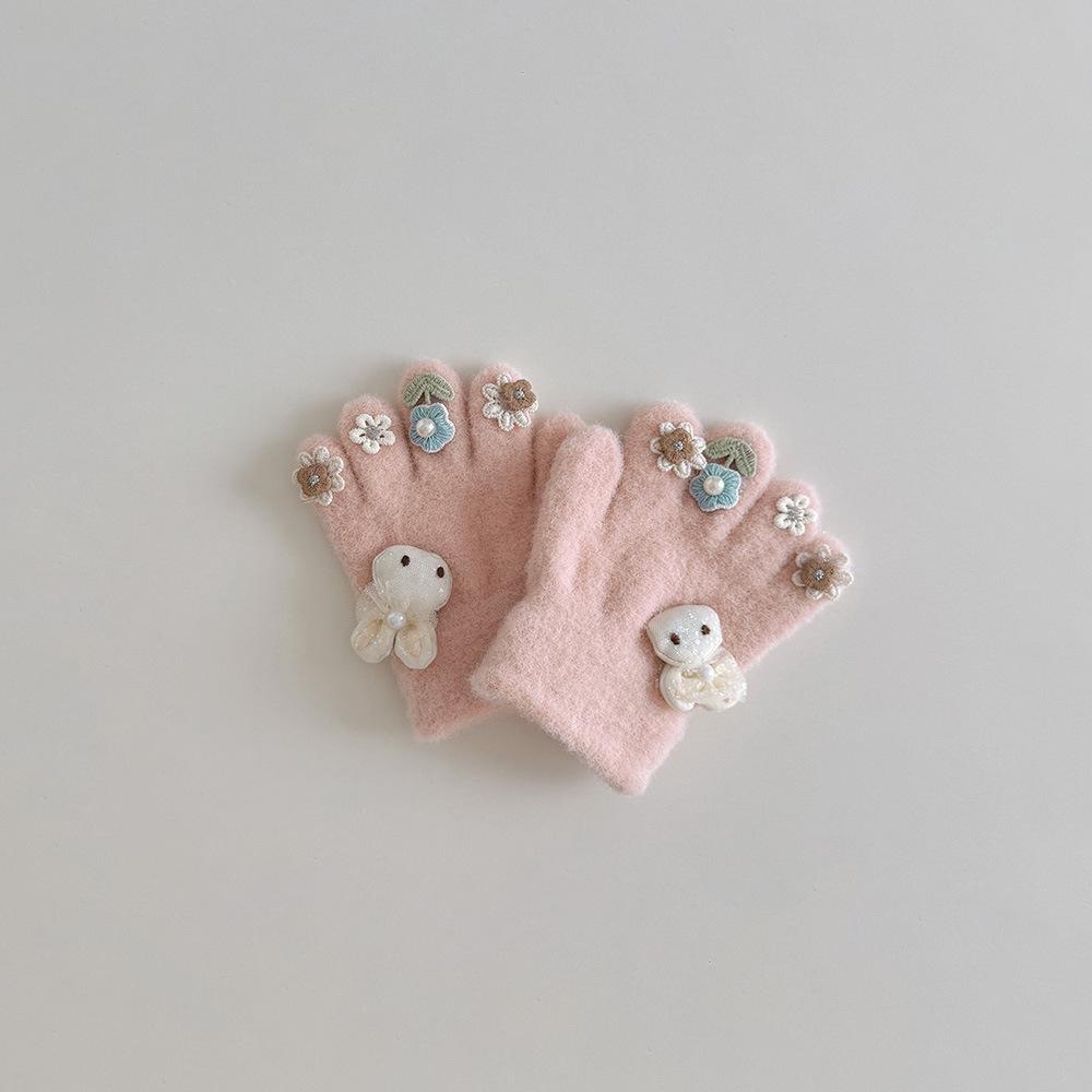 Winter Baby Girl Gloves Cute Bunny Flower Five Finger Separate Gloves for Toddlers Warm Anti-Cold Mittens for Infant