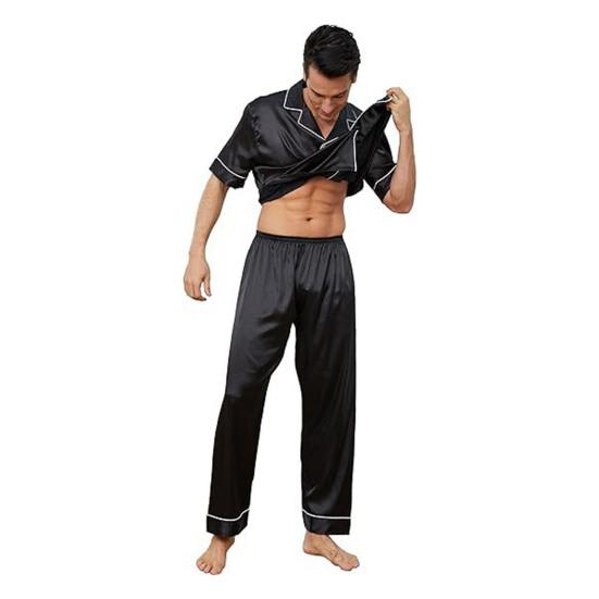 2Pcs/Set Silk Satin Men Pajama Set Notch Collar Button Down Pajama Top with Chest Pocket