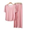 2Pcs/Set Summer Pajamas Set O-Neck Short Sleeve Tee Shirt Elastic Waist Long Pants Set Ice Silk Solid Color Sleepwear