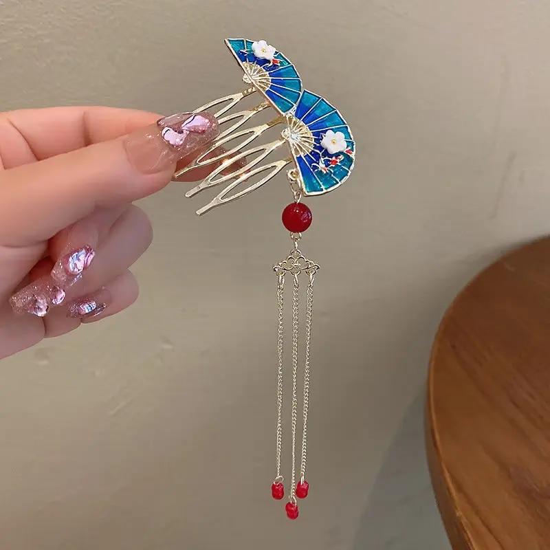 Blue Butterfly Tassels Insert Comb Clip Vintage Elegant Women Girls Ponytail Hair Clip Flower Leaf Tassel Hairpin Styling Tools