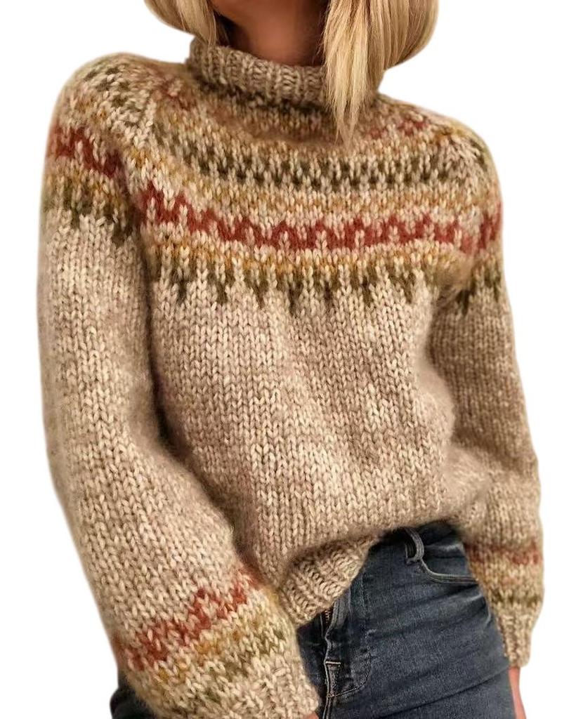 Women's 2026 Retro Color Block Knitwear: Long Sleeve, Comfortable, Versatile Round Neck Sweater