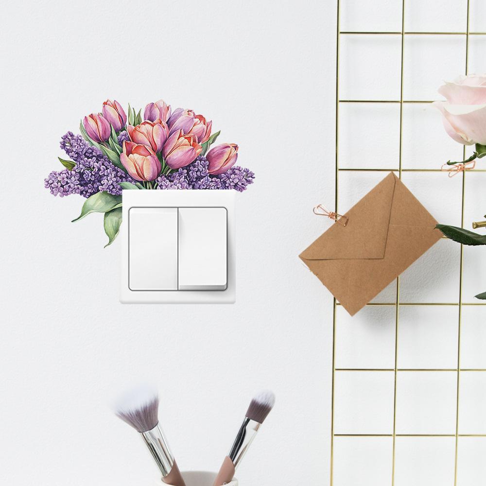 Самоклеящаяся съемная наклейка на выключатель с ручной росписью фиолетовых тюльпанов для спальни, гостиной, фона, домашнего декора