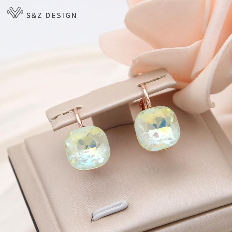 Fashion Square Colorful Crystal Drop Earrings For Women Wedding Rose Gold Color Jewelry Eardrop