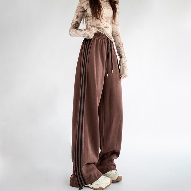 Three Bars and Two Sweatpants for Women's Autumn New High-waisted and Thin Wide-leg Pants Versatile Casual Drawstring Sweatpants