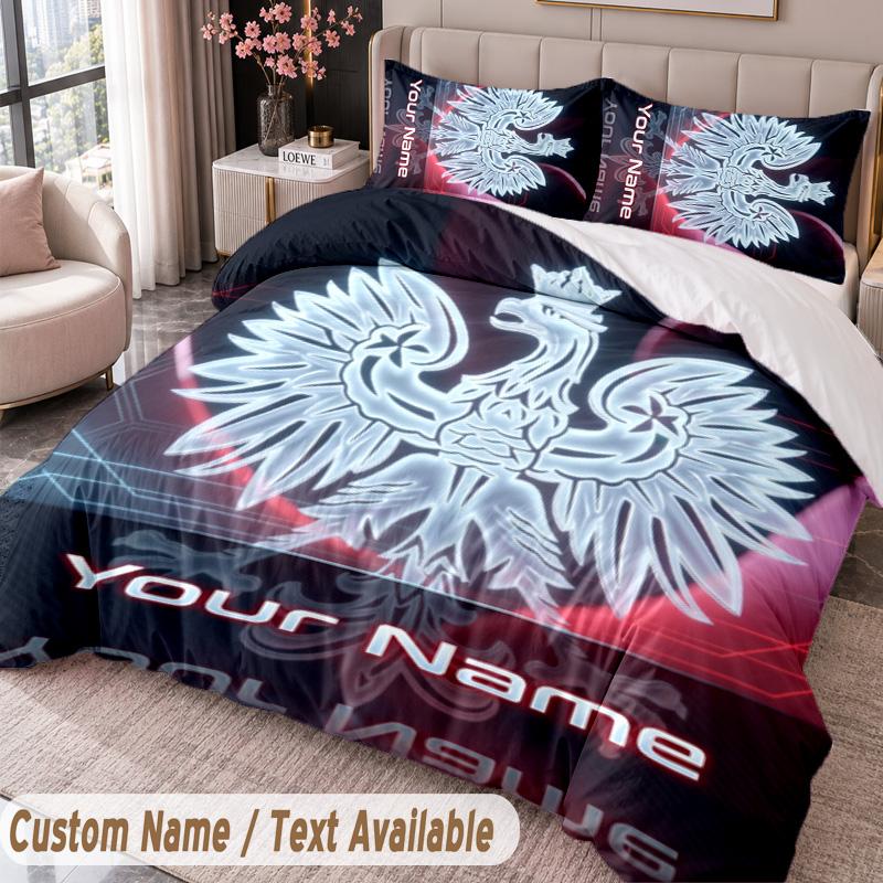 Poland Football Printed Bedding Set Custom Name Text 1 Duvet Cover 2 Pillowcases For Bedroom