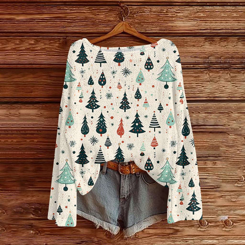 Women's Fashionable Oversized Knitwear Long-Sleeved Christmas Print Top