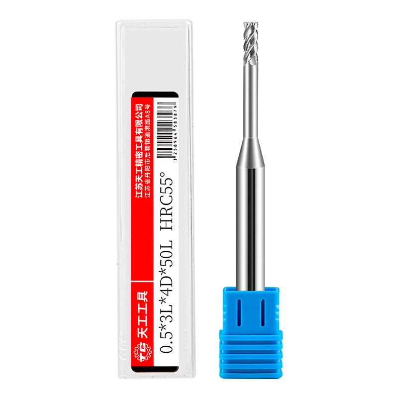 Tiangong Вольфрамовая сталь R0.5 Концевая фреза со сферическим концом 0.75 Сплавная шейка, 2 режущие кромки, 55° с покрытием, Удлиненная для глубоких пазов 1, 1.25