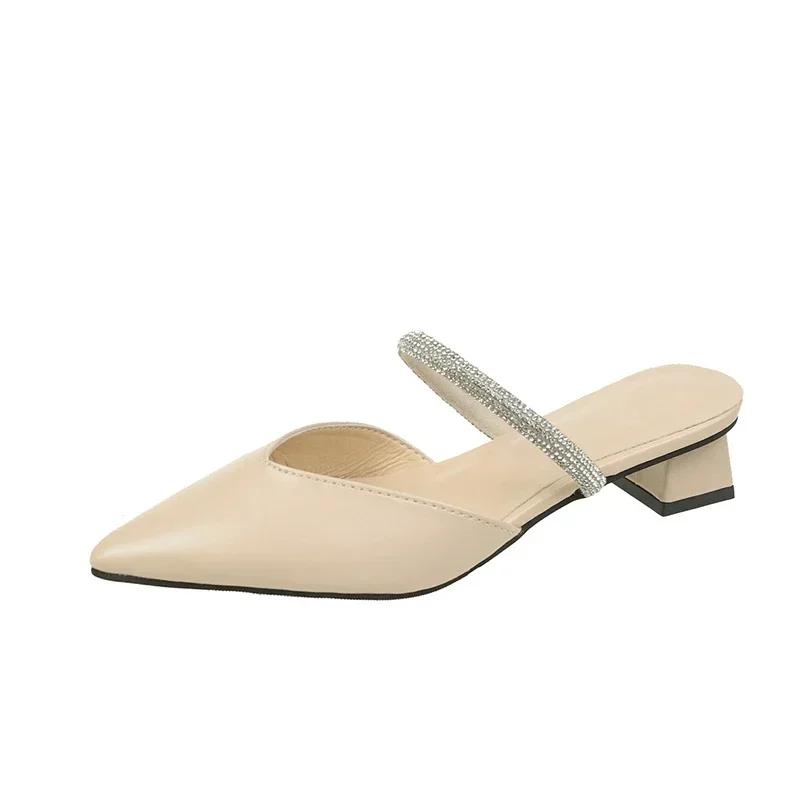 Women's Slippers Rhinestone High Heels Pointed Mules New Summer Shoes Woman Fashion Slippers Elegant Slip-On Sweet Party Shoes