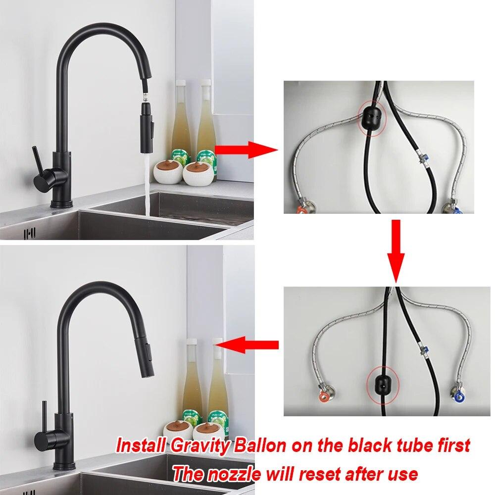 Черный кухонный смеситель, две функции, выдвижной смеситель с одной ручкой, краны для горячей и холодной воды, монтируемые на палубу