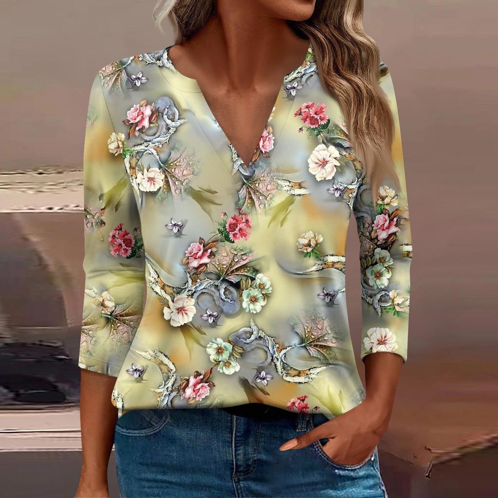 Women's T Shirt Tee Print Button  3/4 Sleeve Daily Weekend Fashion Basic V- Neck Regular Top
