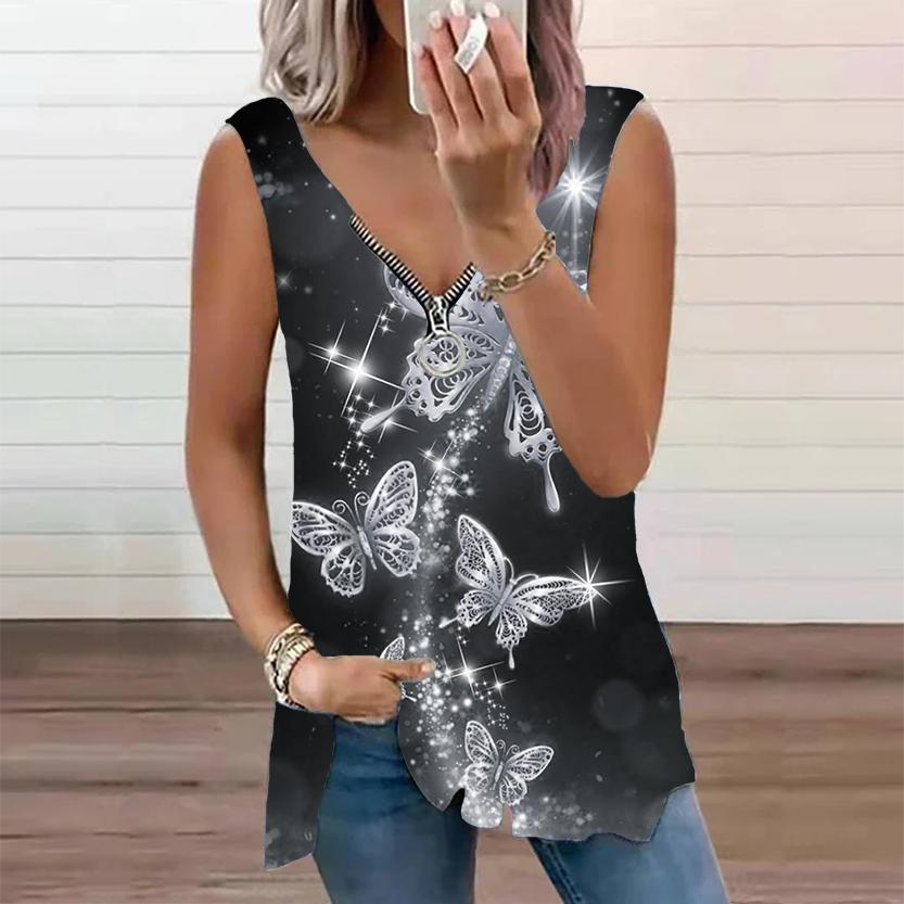 Женский топ, летний новый модный повседневный топ с золотым принтом бабочки размера плюс, топ без рукавов на молнии с v-образным вырезом, майка