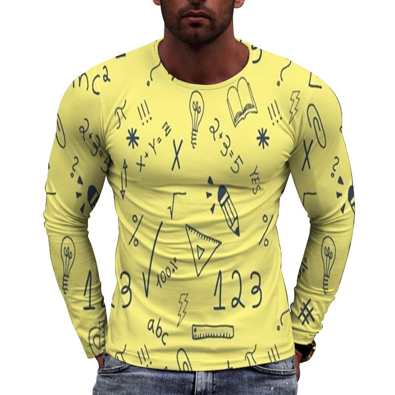 Fun Mathematical Formula Pattern Men's Long Sleeved Casual T-shirts - Soft Medium Stretch Polyester Fabric Spring and Autumn Relaxed Fit Clothing