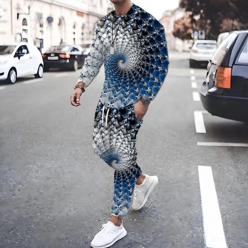 New Fashion Men's Two-piece Sportswear 3D Printed Long Sleeved T-shirt Set Street Casual Two-piece Men's T-shirt Set