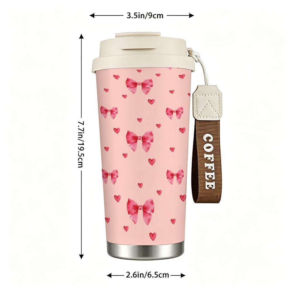 Cute Pink Bowknot and Heart Pattern Stainless Steel Insulated Coffee Tumbler Double Walled Vacuum Travel Mug for Office School Daily Use
