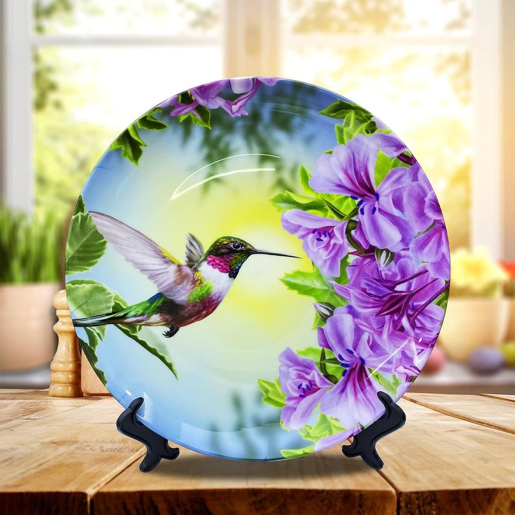 Маленькая Птичка Колибри Розовые и Фиолетовые Цветы Декоративная Тарелка Декоративные Керамические Тарелки Дом Вибрирующая Тарелка с Подставкой для Дисплея Украшение Домашнее Хозяйство