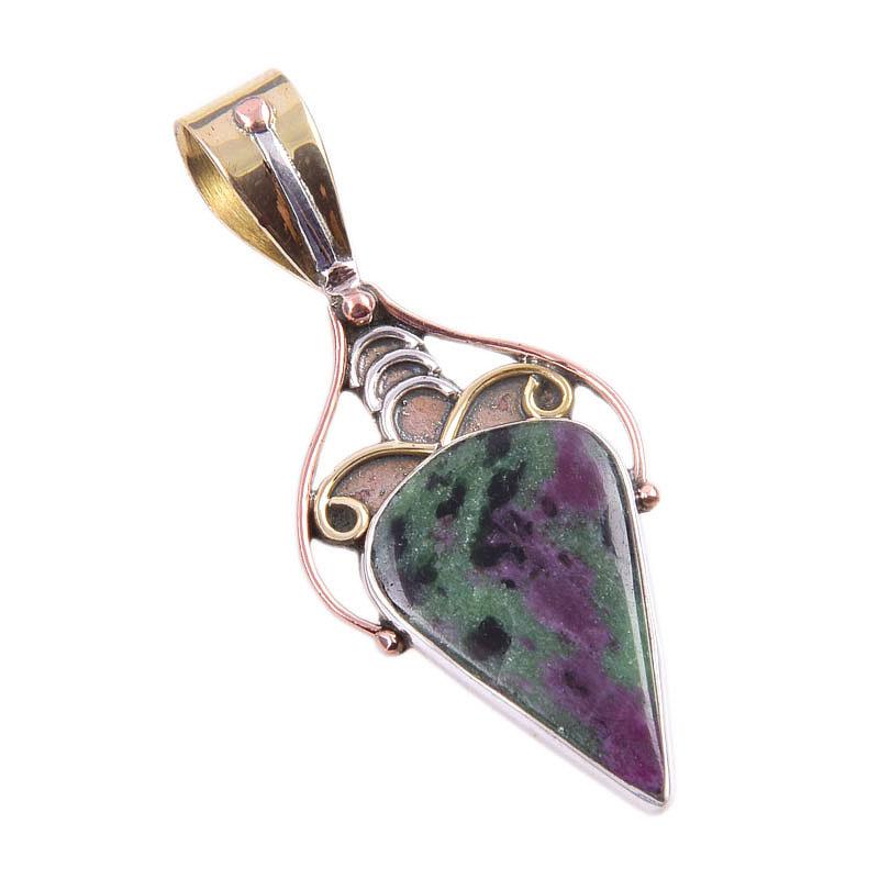 Рубин в Цоизите Лабораторно Созданный 925 Стерлинговое Серебро Подарок Двухцветная Подвеска 1,75" d1O50