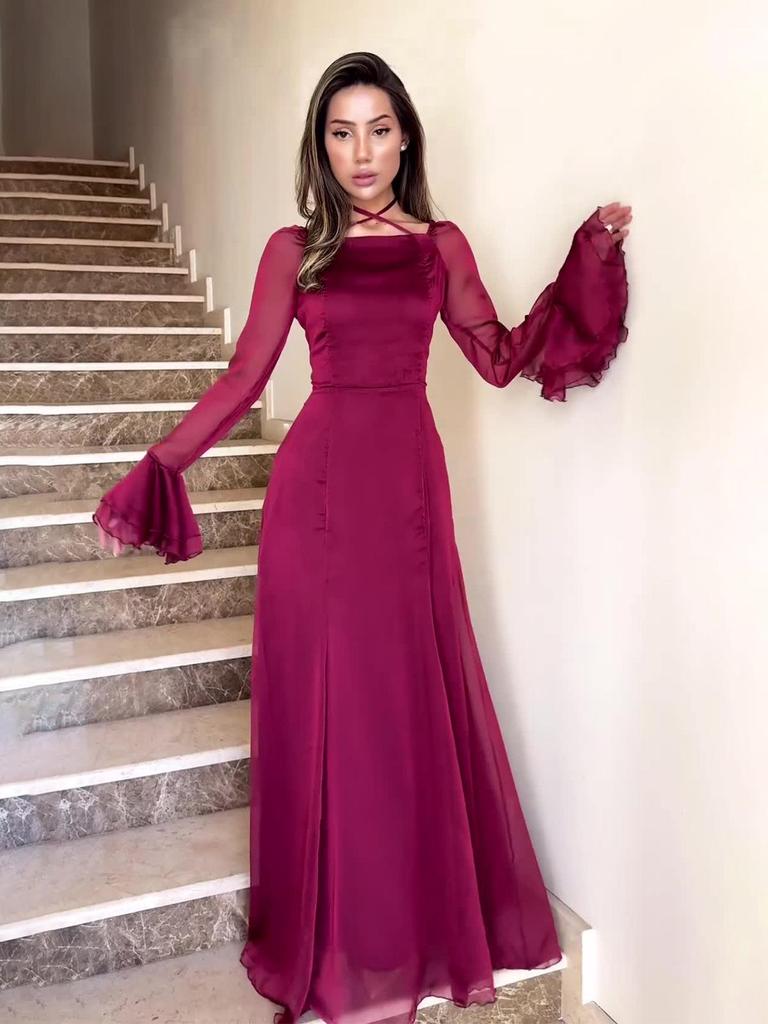 Нежное осеннее платье-рубашка с рюшами, приталенное, из струящейся ткани (Европейская и американская коллекция 2024)