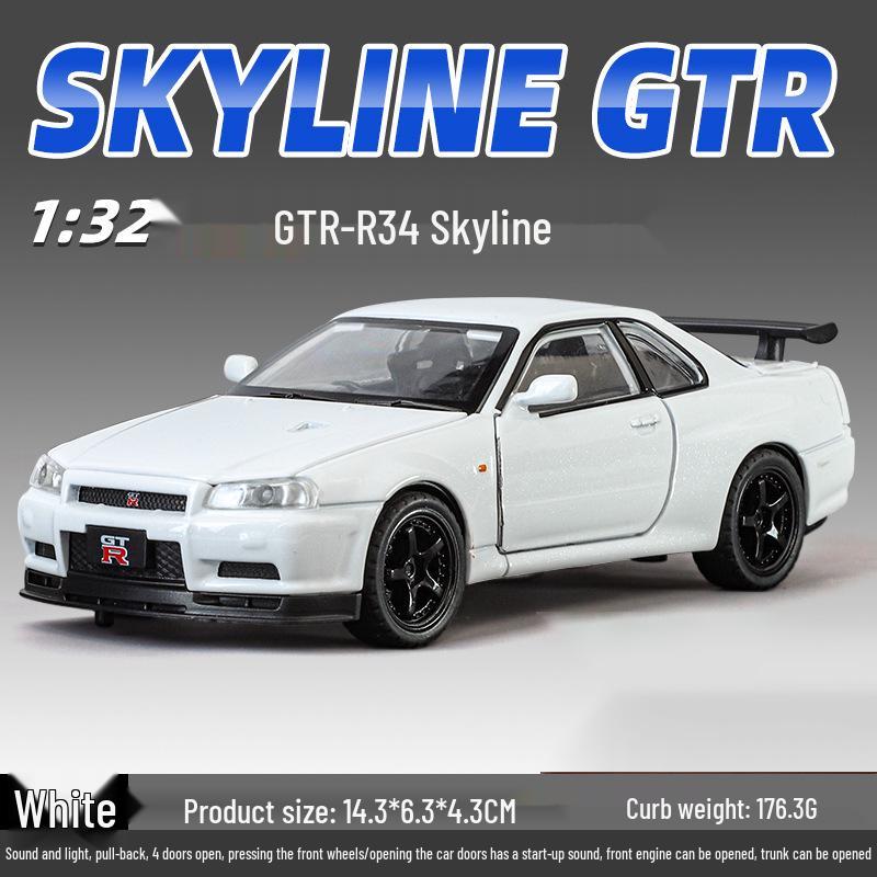 1:32 GTR R34 Low-Rider Sports Car Model with Opening Doors, Four-Wheel Suspension, Alloy Build, Sound and Light, Pull-Back Simulation