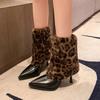 High Heeled Women's Boots 2025 New Leopard Print Fur Short Boots Fashionable and Sexy Pointed Thin Heel Mid Top Boots
