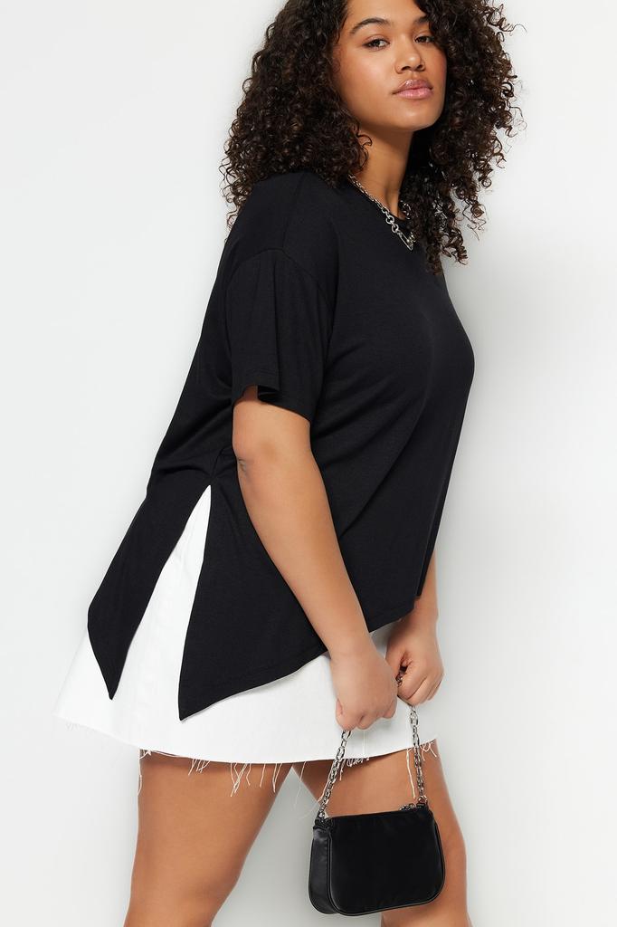 Women's Fashion New Plus Big Size Blouse Black Tie Detailed Knitted Blouse