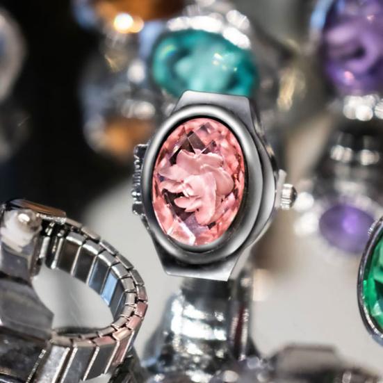 Красочные часы со стразами и откидной крышкой, эластичный ремешок из нержавеющей стали, овальный циферблат, женские часы, кольцо на палец, подарок на день рождения, модные аксессуары