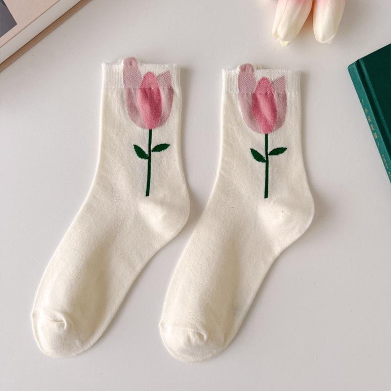 Носки Tide Tulip Pure Middle Flower Tube INS Flowers Korea Cotton Socks Jewelry