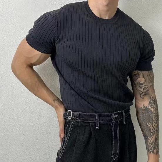 Мужская летняя спортивная футболка трикотажная эластичная эластичная футболка с круглым вырезом Slim Fit сплошной цвет пуловер с короткими рукавами для тренировок в тренажерном зале топ для тренировок