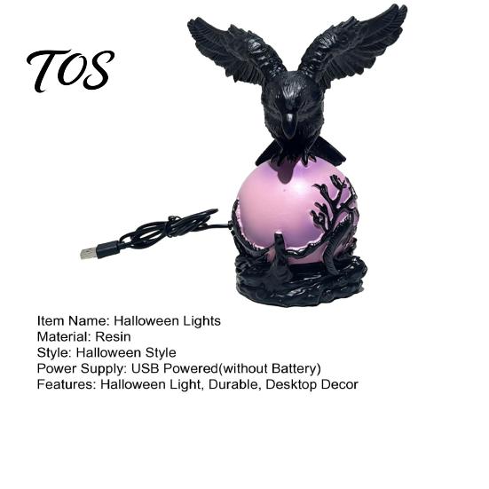 Halloween Party Decor Gothic Crow Lamp, with Purple Light Ball, Resin Night Light, Home Decoration USB Powered Dark Style Statue for Bedroom