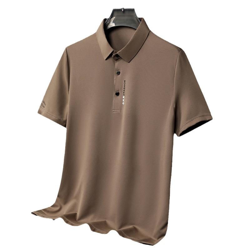 Летняя мужская рубашка-поло с короткими рукавами и лацканами, модная однотонная рубашка с мелким вафельным узором для мужчин среднего возраста с принтом для пап