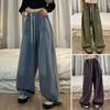 Women Jeans Wide Leg Floor Length Loose Denim Drawstring Elastic Waist Solid Color Hip Hop Streetwear Deep Crotch Pockets Vintage Straight Long Pants